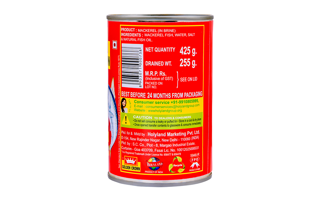 Golden Crown Mackerel In Brine & Natural Oil   Tin  425 grams
